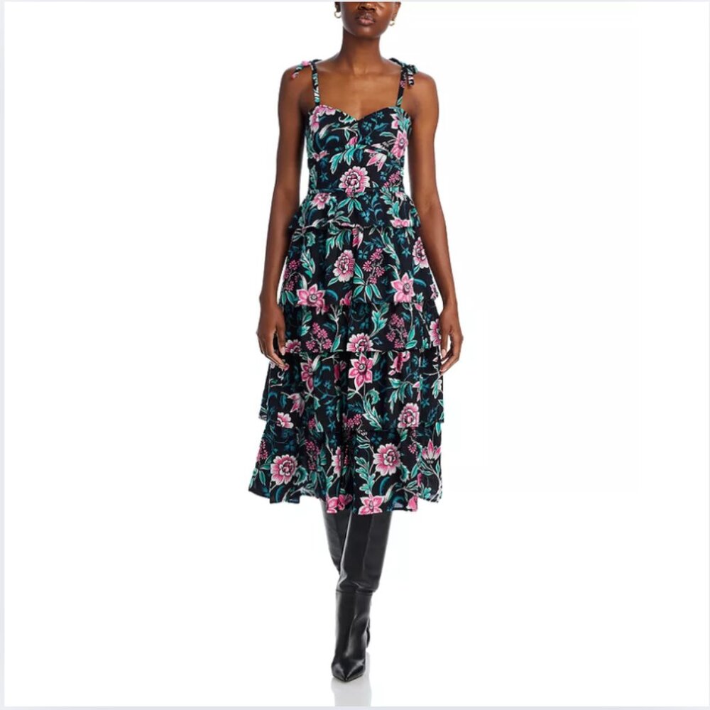 Banjanan Ramona Dress Ibis Black Floral‎ Tiered Ruffle Midi Dress Large Romantic